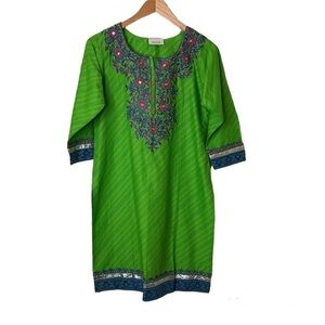 Handicraft Garment Kurta Size 40 Green Sequins Embroidered Floral India Colorful